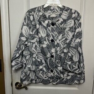 TanJay Jacket Womens Size 16 Blue & White Leaf Print Collarless Blazer